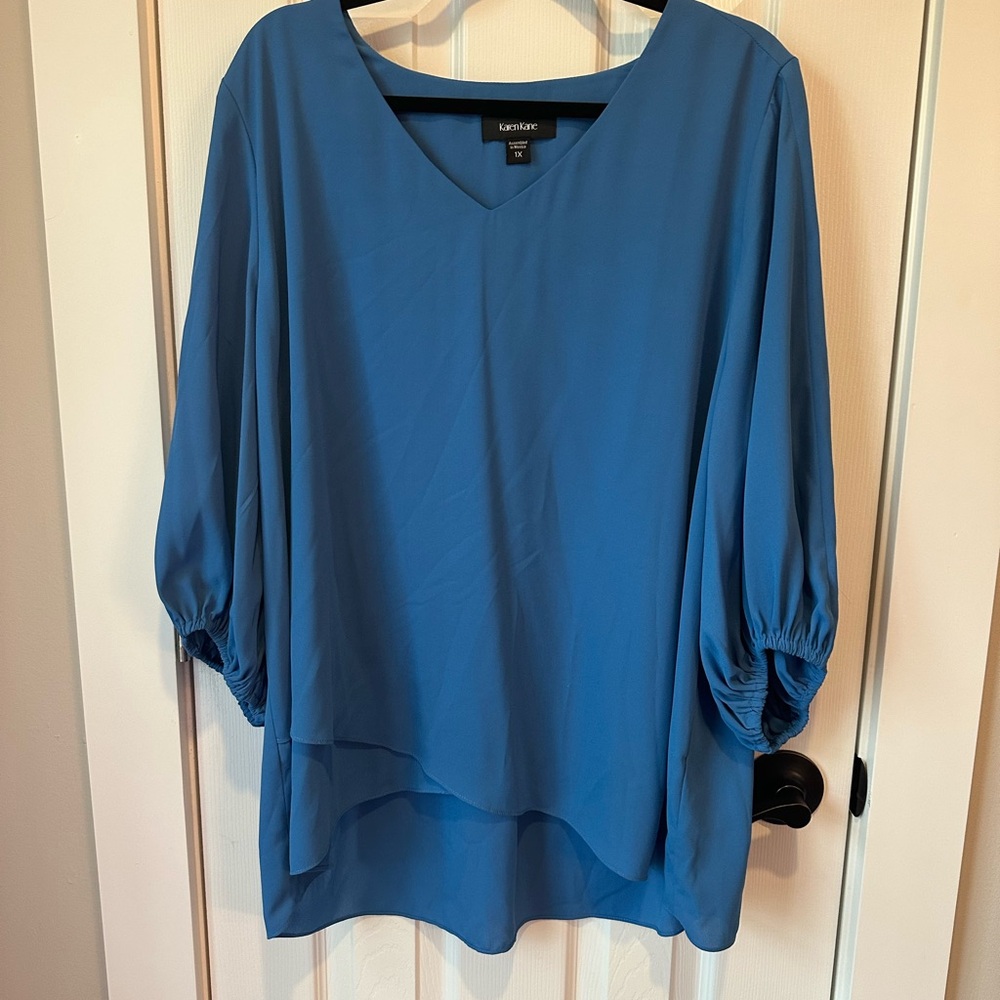 Karen Kane Blue Asymmetrical Bell Sleeve Blouse